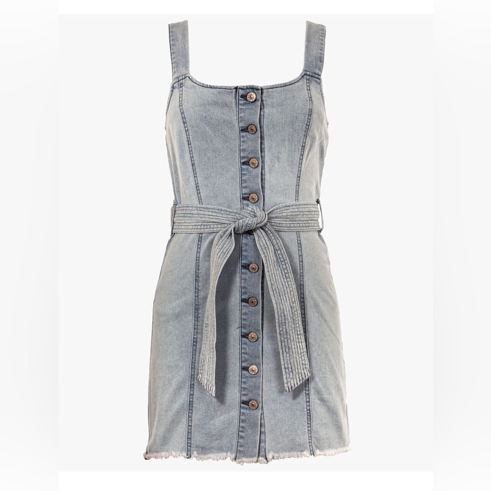 REWASH Womens Blue Frayed Belted Buttoned Square Neck Dress M